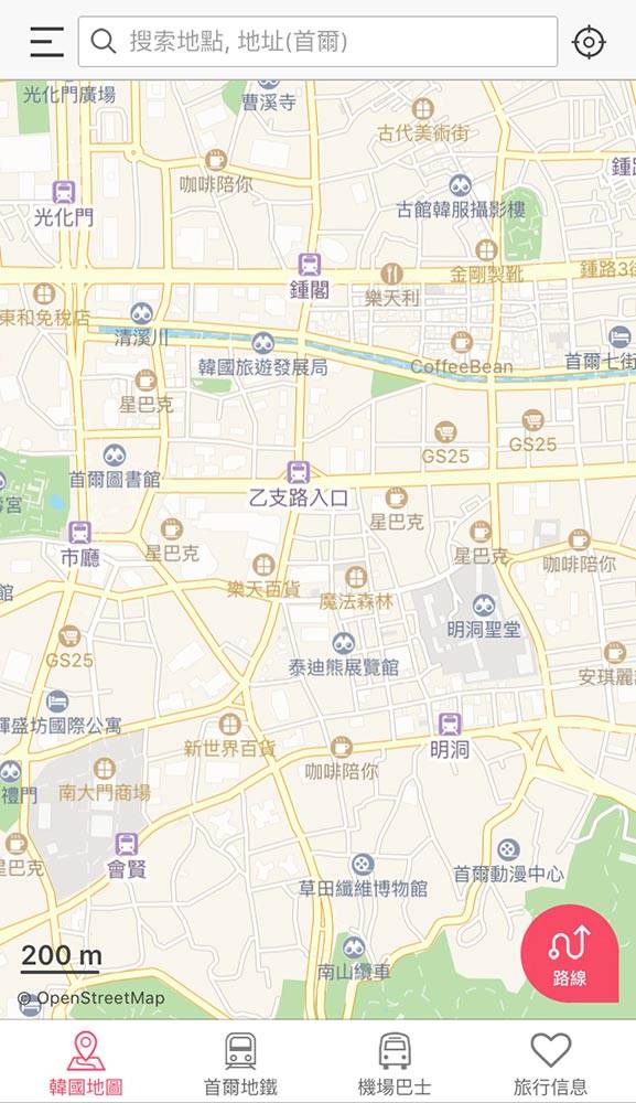 韓國 旅行 app 我在哪兒的初始地圖定位同樣是中文版本。