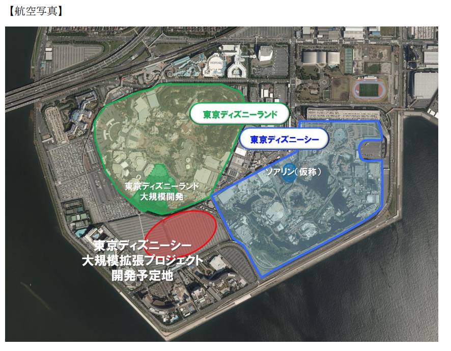 綠色圈為東京迪士尼樂園、藍色圈為東京迪士尼海洋、紅色圈則為東京迪士尼海洋擴建選址。