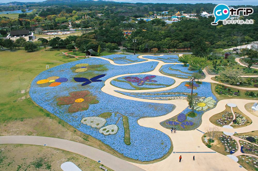 九州賞花 公園的花壇圖案每年從眾多小學生參賽作品中挑選，充滿童真。