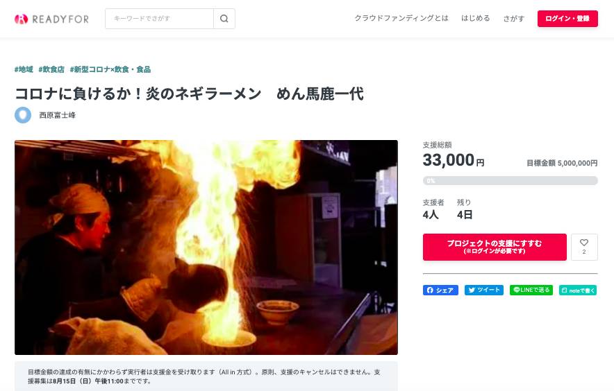 噴火拉麵 「めん馬鹿一代」在網上發起眾籌，目標為籌得500萬円以令拉麵店可以繼續營運。
