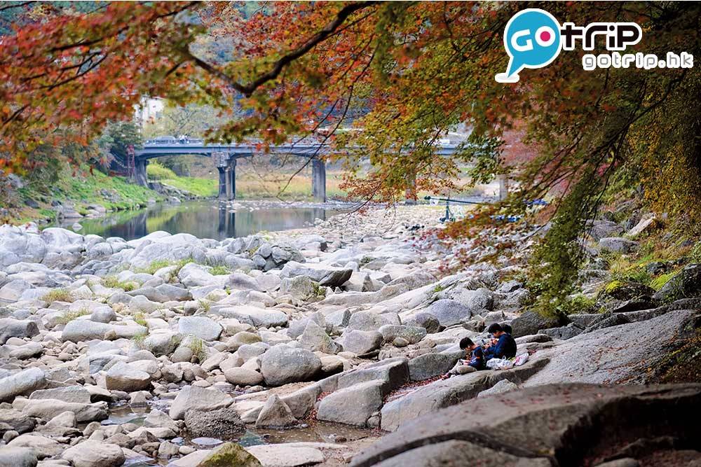 日本紅葉 不少遊人會走到赤紅的香嵐橋下的河溪，從下而上仰望藍天下的紅葉步道，漫天遍野的紅葉盡收眼簾。
