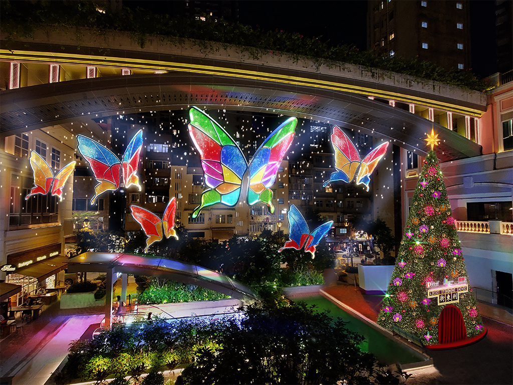 灣仔利東街聖誕燈飾超過350隻玻璃LED蝴蝶燈海！12米高無觸控互動聖誕樹