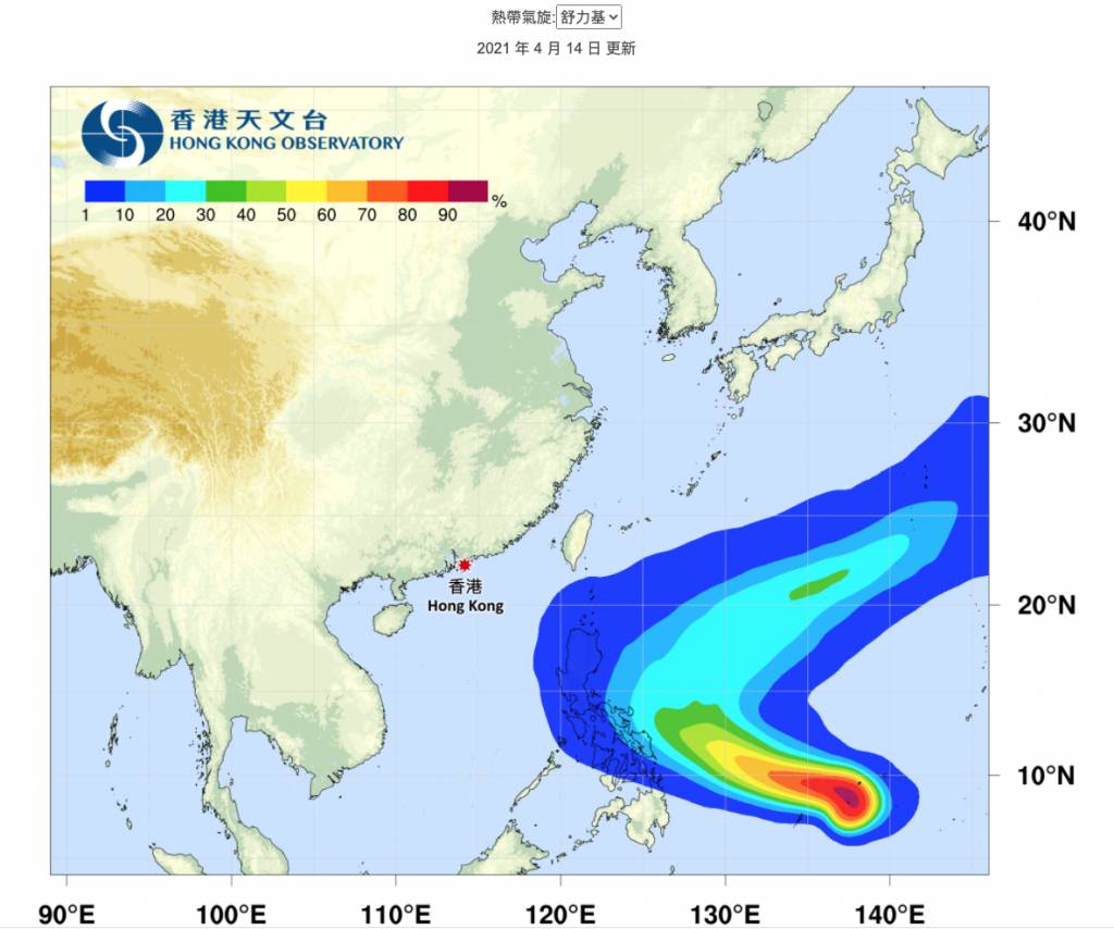 這是天文台提供未來九天熱帶氣旋經過的概率圖，可見舒力基接近香港機會不大