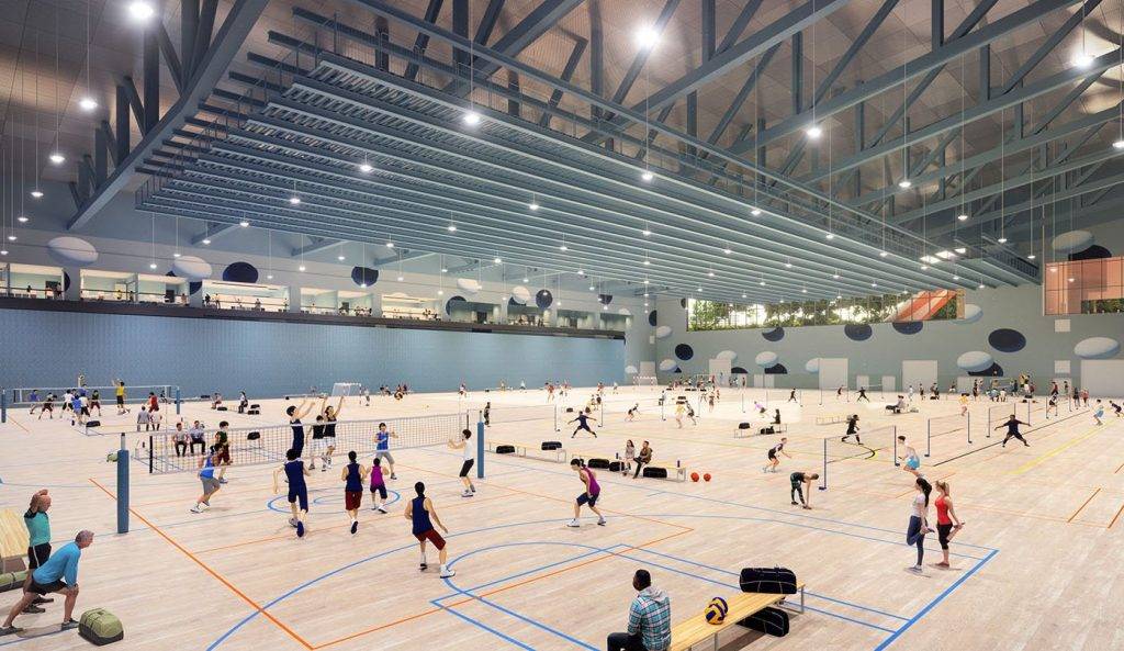 啟德體育園 園內還設約有10,000個座位的室內體育館，符合羽毛球、籃球、體操、網球、乒乓球等國際賽事的標準