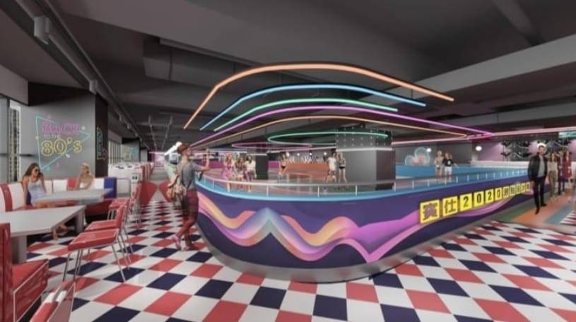室內滾軸溜冰場 餐飲區採用了紅白藍色設計，超有80年代感！（圖片來源：FB@Bun