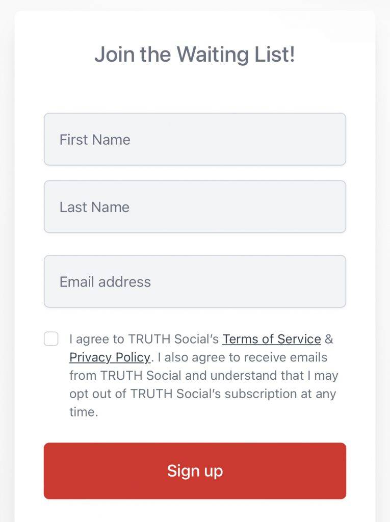 其他地區的用戶則可以輸入簡單資料以登記獲取全新社交媒體的最新消息。（圖片來源：Truth Social官網）