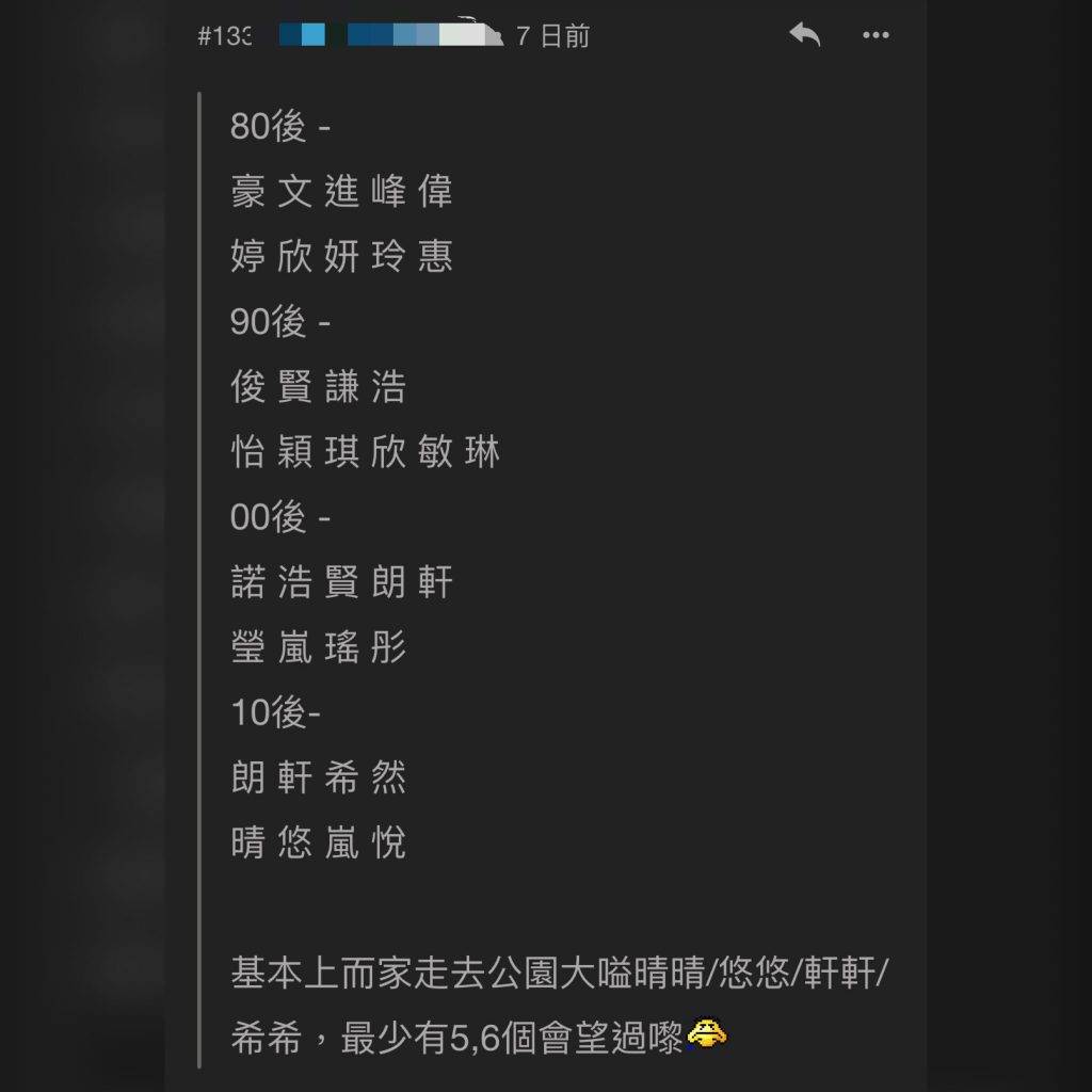改名 網民盤點不同年代出生常用的男女中文名字，指出憑名字隱約能估計當事人的年齡層。