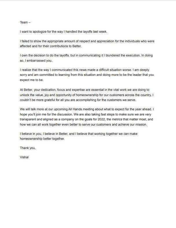 CEO的道歉電郵（圖片來源：better.com官方圖片）