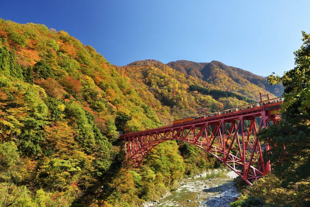 富山 宇奈月車站出發的觀光小火車，出發後首個能看到的標誌性景色就是被河谷及山巒包圍下的赤紅「新山彥橋」。 