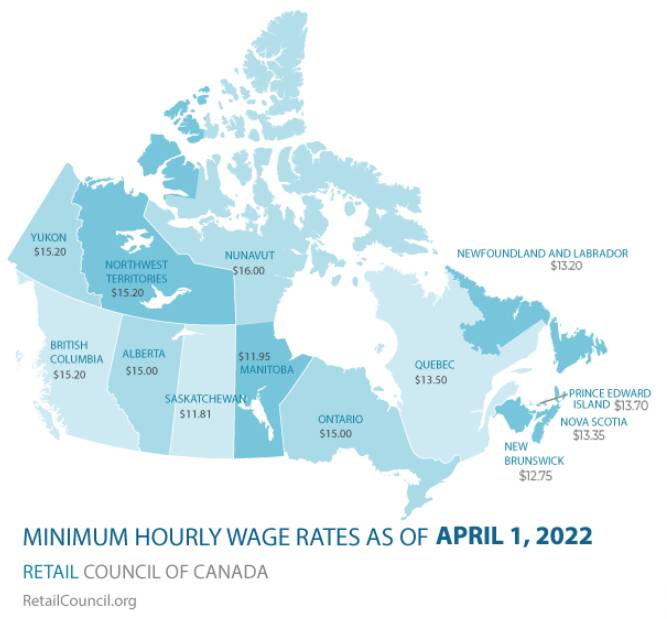 移民加拿大 茶餐廳 加拿大各省份2022年4月的最低工資