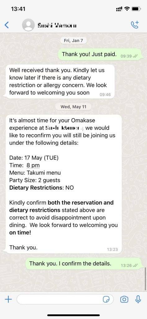 omakase 事主F又附上與餐廳對話的截圖，餐廳以粗黑體要求客人on time
