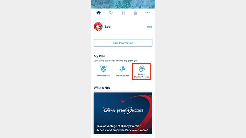 Step 1 前置準備：遊客必須先註冊「迪士尼帳號」並以該帳號登入。再於東京迪士尼度假區官方 App英文版）點選「My Plan」行程）的「Disney Premier Access」迪士尼尊享卡）。