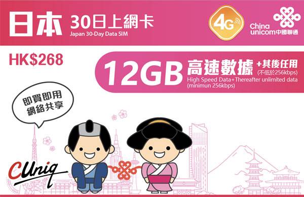 日本電話卡 日本 sim卡 中國聯通有多種日數計劃。