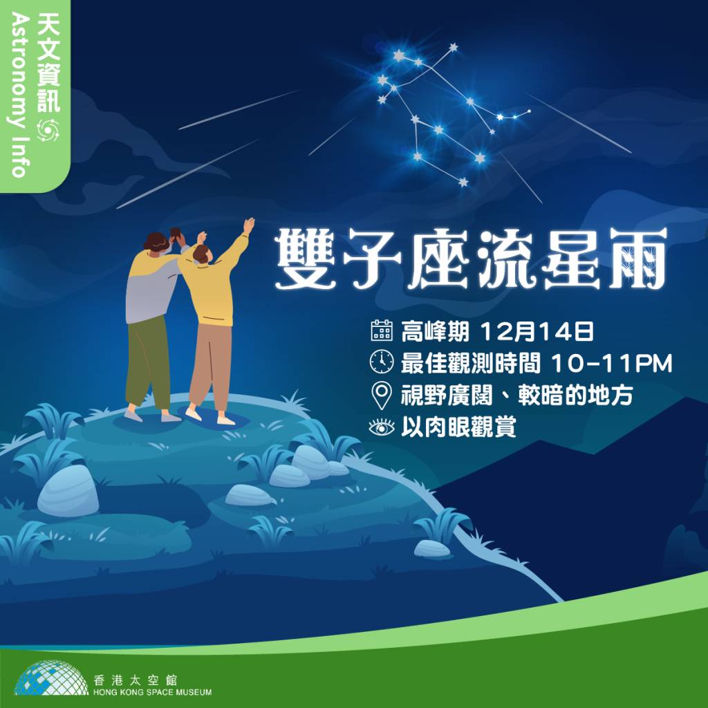 雙子座流星雨 香港太空館建議當晚可選擇到天空視野廣闊及光害程度低的地點觀賞雙子座流星雨。