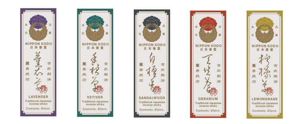 DAISO 池袋 Standard Products聯乘日本香堂推出5種國產線香由左到右：紫色薰衣草、綠色岩蘭草、灰色檀香、紅色天竺葵、黃色檸檬草）