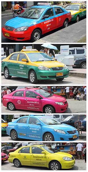 曼谷交通 泰國計程車顏色多元。