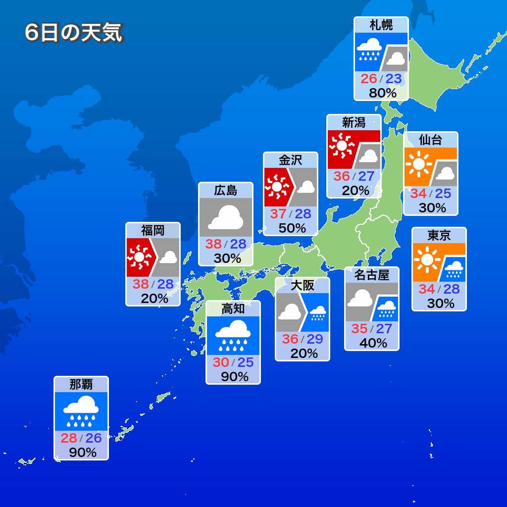日本天氣預報｜8月6日東京/大阪天氣+全國各地今日及未來10日天氣預測