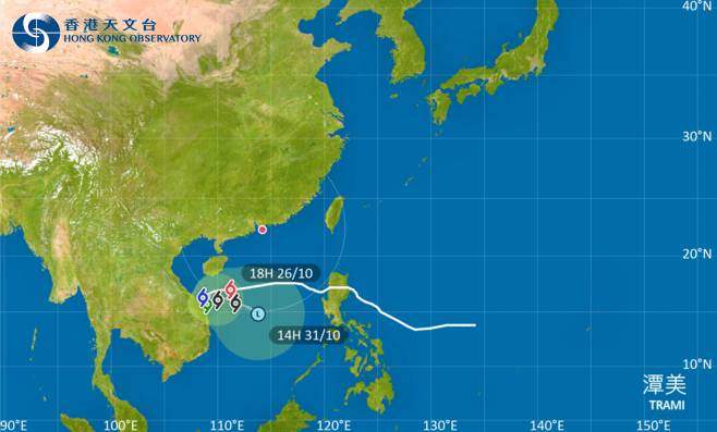 潭美會在今日移向海南島以南海域，隨後一兩日在越南中部沿岸徘徊並減弱