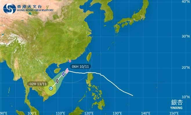 銀杏會在今日轉向西南方向移動，大致移向海南島以南海域並逐漸減弱