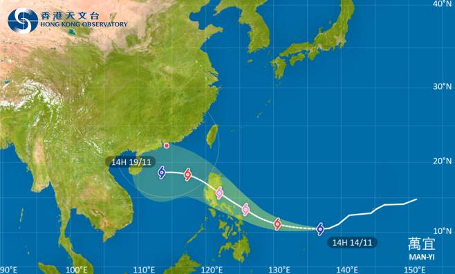 萬宜會在未來一兩日逐漸增強，大致移向菲律賓以東海域