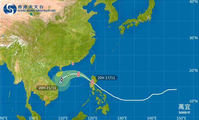 萬宜會在未來一兩日橫過南海中北部，隨後大致移向海南島以南一帶