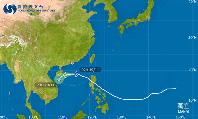 萬宜會在今明兩日橫過南海北部，大致移向海南島以南一帶並逐漸減弱